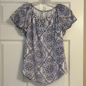 White House Black Market Blue and White Patterned Blouse